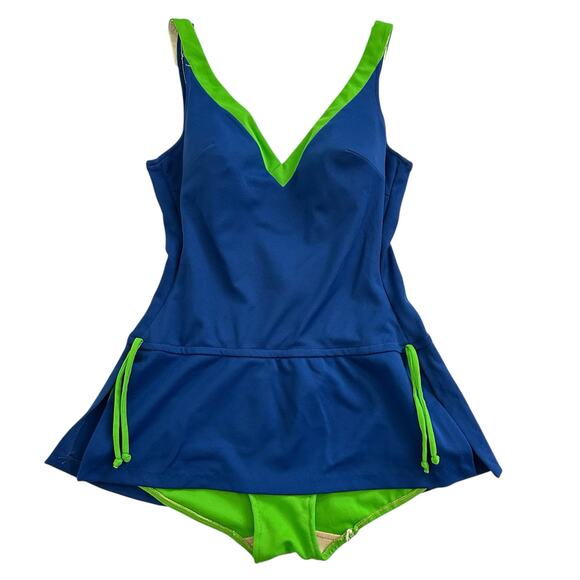 JC Penney Vintage 70s One Piece Swimsuit Blue/Green M/L - Picture 1 of 12